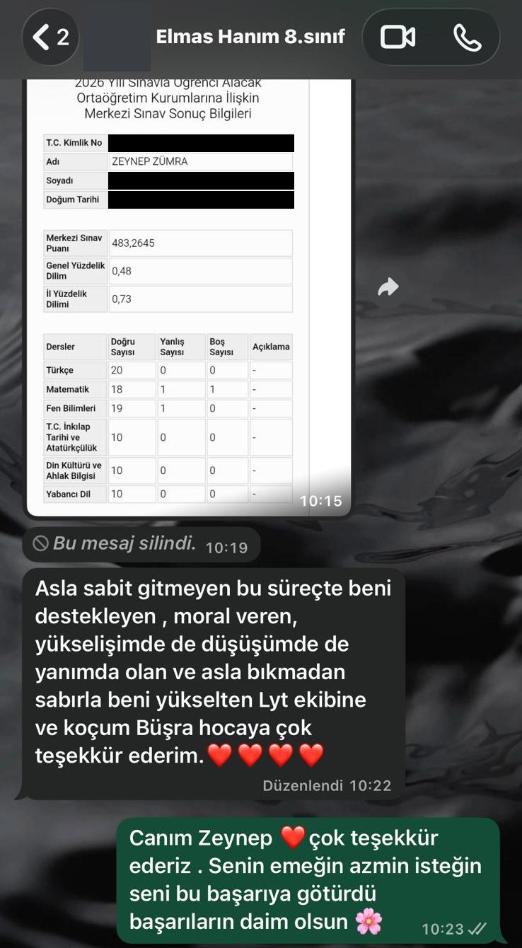 Öğrenciden gelen teşekkür mesajı