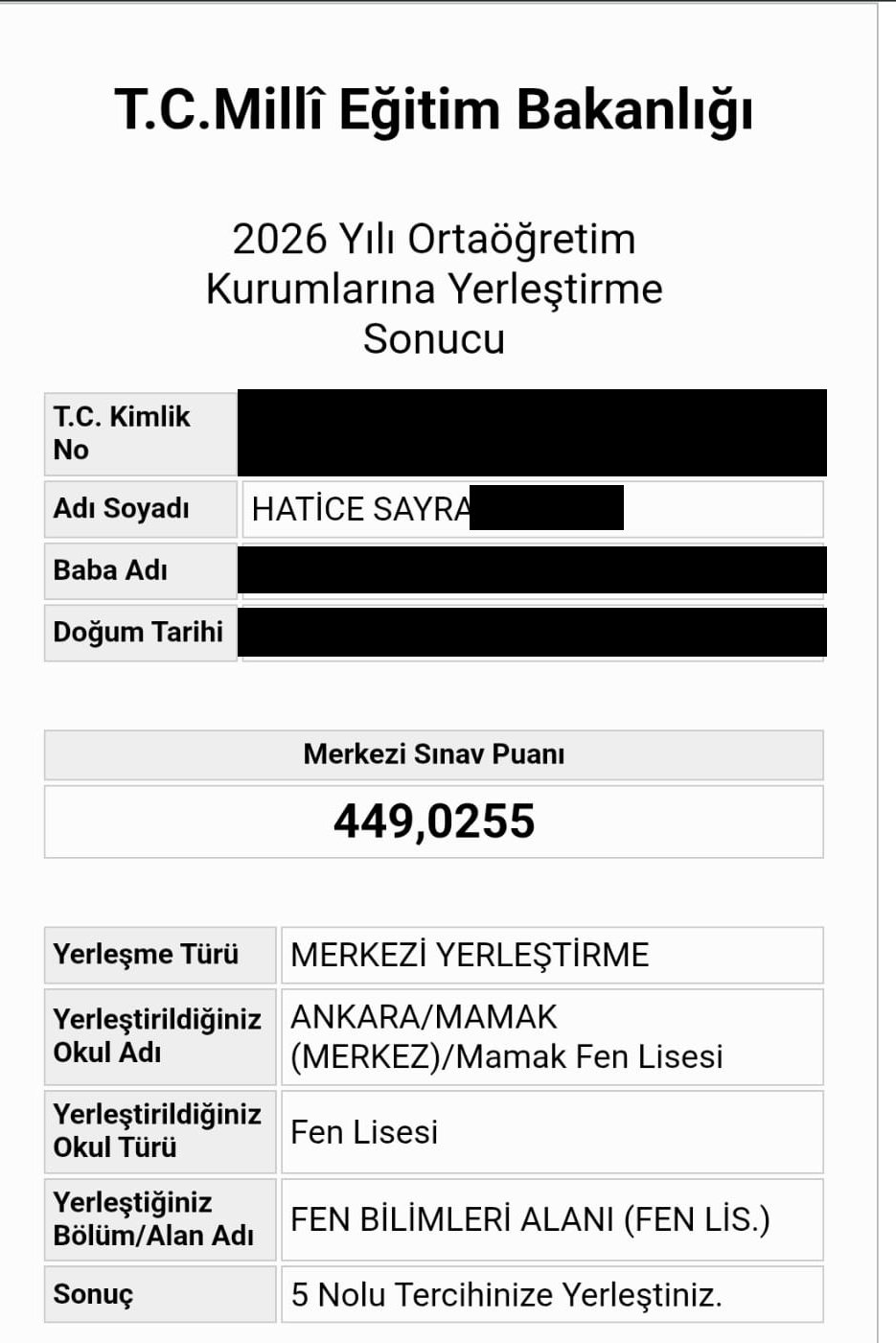 MEB 2026 LGS yerleştirme belgesi